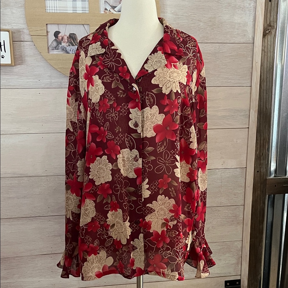 Sag Harbor Red and Cream Floral Blouse 22W